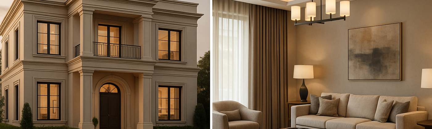 A split-screen image showcasing a neoclassical luxury villa exterior on the left and a modern living room interior on the right, representing the best architects in Gurgaon.