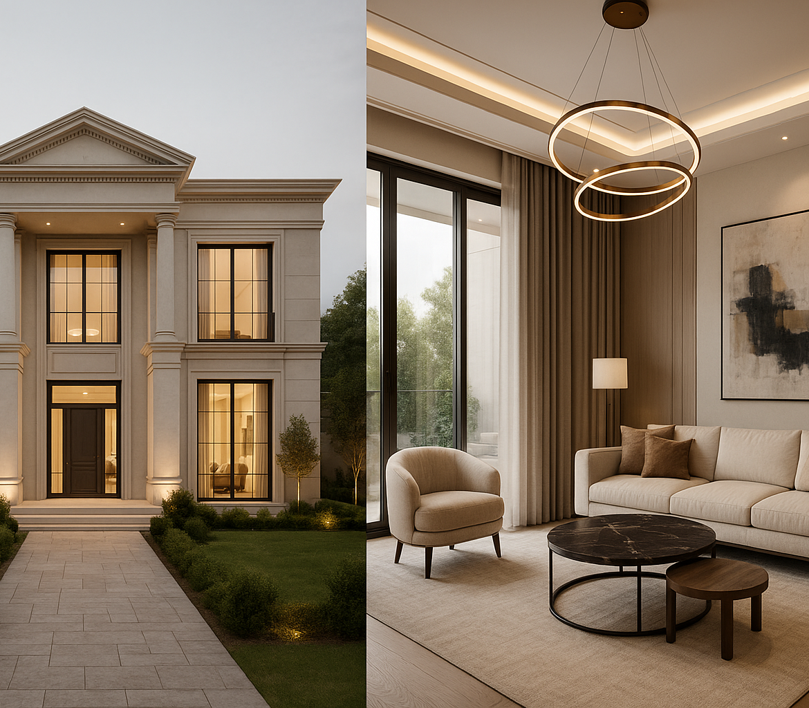A split image showcasing a grand two-story villa exterior and a luxurious living room interior, designed by Wanderlust Architects – best architects in Gurgaon.