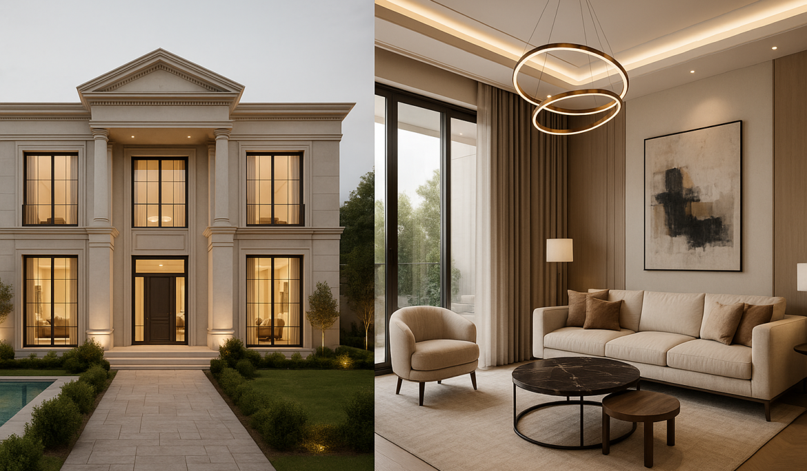 A split image showcasing a grand two-story villa exterior and a luxurious living room interior, designed by Wanderlust Architects – best architects in Gurgaon.