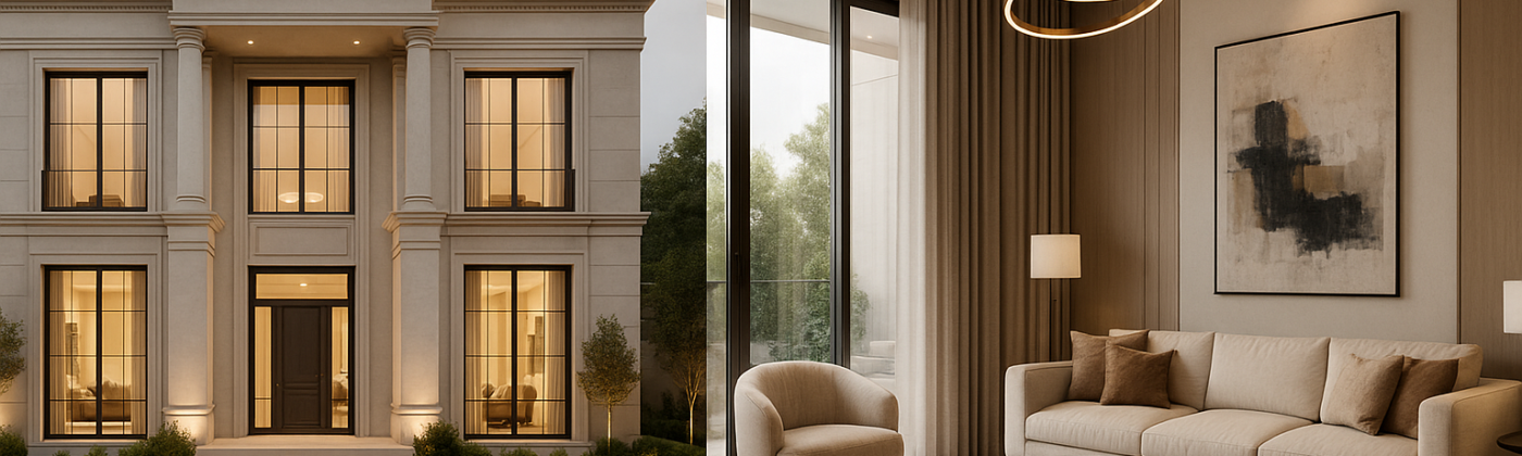 A split image showcasing a grand two-story villa exterior and a luxurious living room interior, designed by Wanderlust Architects โ best architects in Gurgaon.