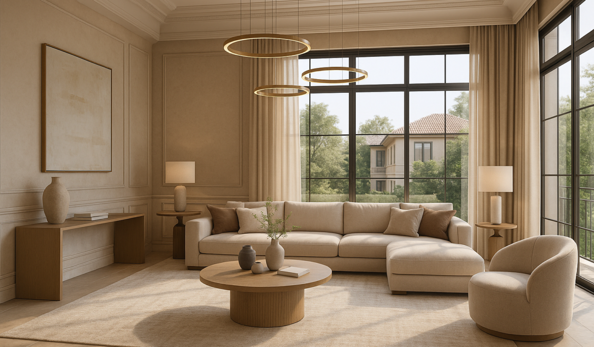 Hyper-realistic luxury villa interior in Gurgaon showcasing modern beige tones, large windows, and elegant furniture – top interior designers in Gurgaon.