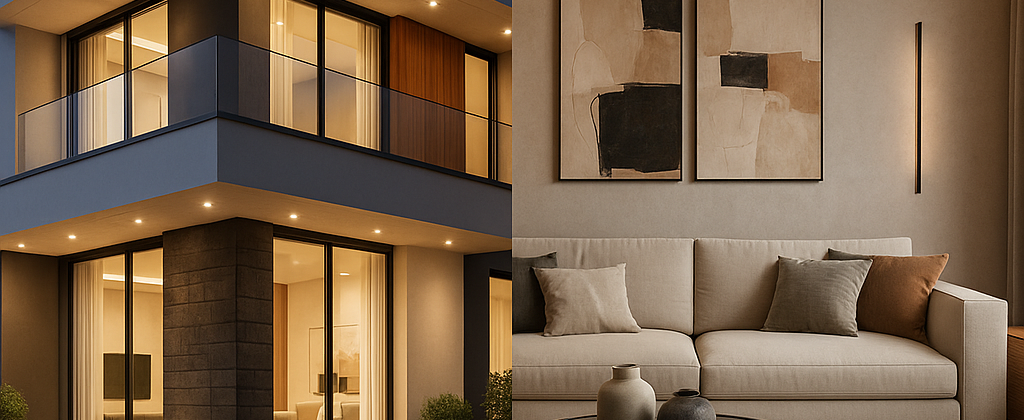 A split image showcasing a luxury villa exterior and a modern apartment living room in Gurgaon, designed by Wanderlust Architects – best architects in Gurgaon.