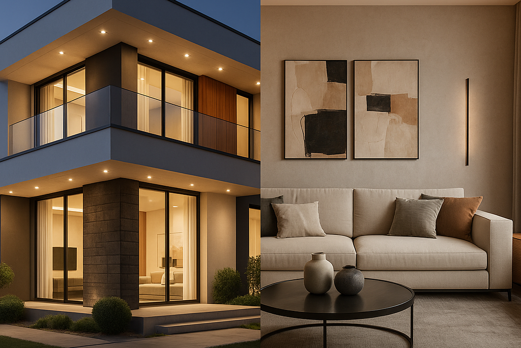 A split image showcasing a luxury villa exterior and a modern apartment living room in Gurgaon, designed by Wanderlust Architects – best architects in Gurgaon.