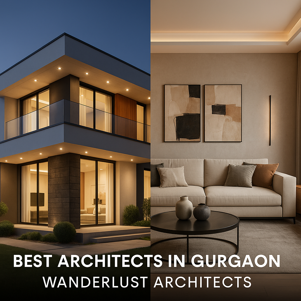 best-architects-in-gurgaon-wanderlust 2025 A split image showcasing a luxury villa exterior and a modern apartment living room in Gurgaon, designed by Wanderlust Architects – best architects in Gurgaon.