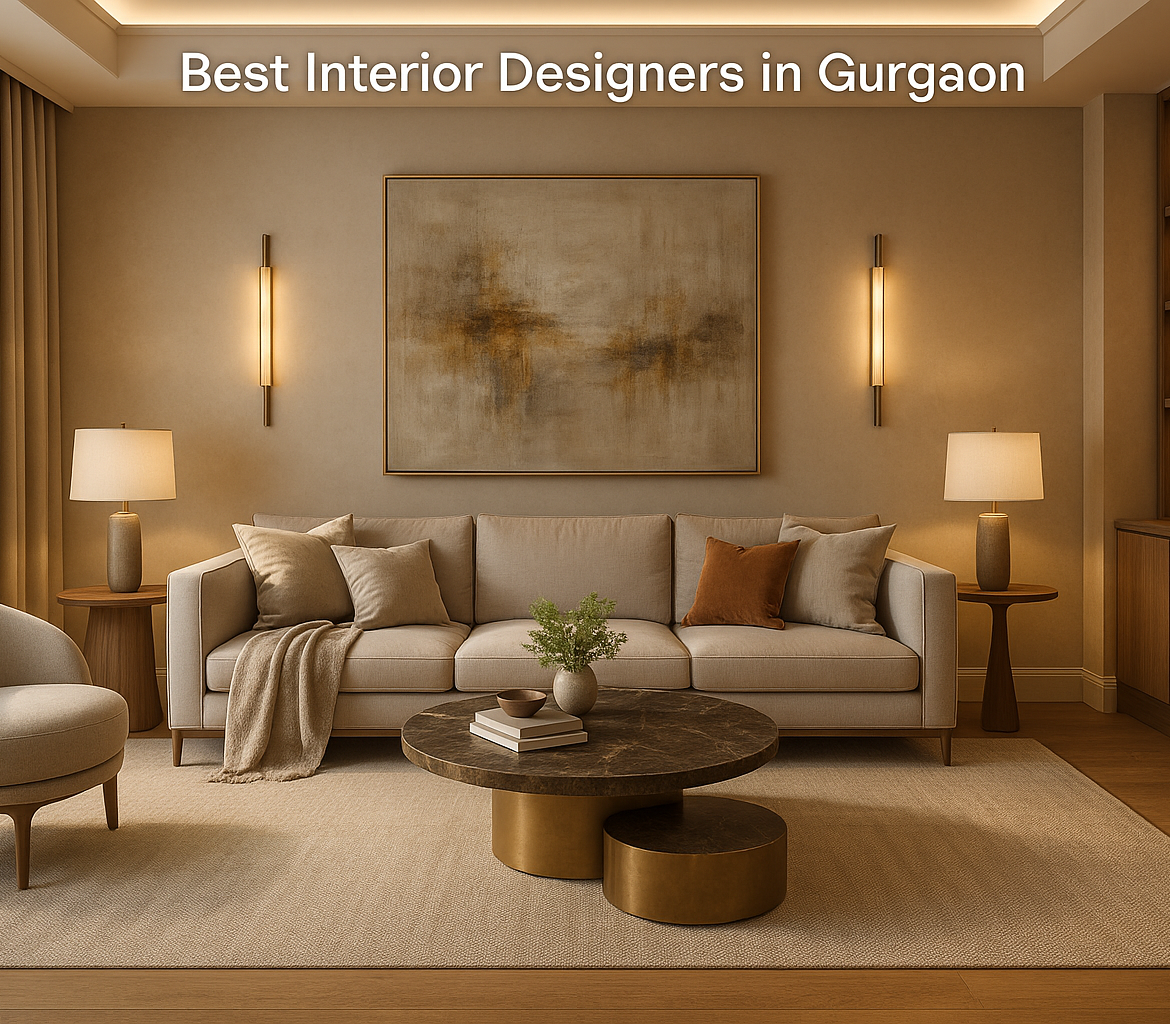 Luxury Gurgaon apartment living room with warm lighting, neutral tones, and custom modular furniture – designed by the best interior designers in Gurgaon, Wanderlust Architects.