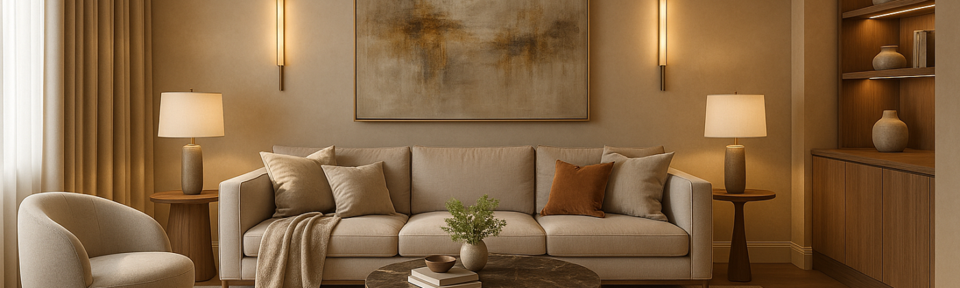 Luxury Gurgaon apartment living room with warm lighting, neutral tones, and custom modular furniture – designed by the best interior designers in Gurgaon, Wanderlust Architects.