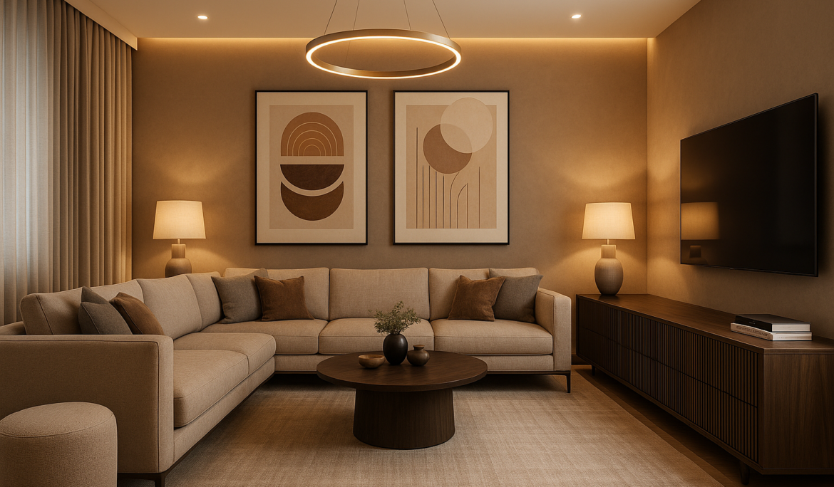 Luxury Gurgaon apartment living room with an elegant L-shaped sofa, warm lighting, abstract wall art, and premium modular furniture – designed by the best interior designers in Gurgaon, Wanderlust Architects.