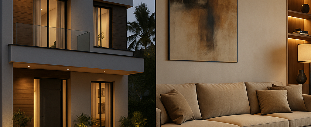 Split image showing a modern Gurgaon villa exterior and a luxury apartment living room, designed by Wanderlust Architects – best architects in Gurgaon.