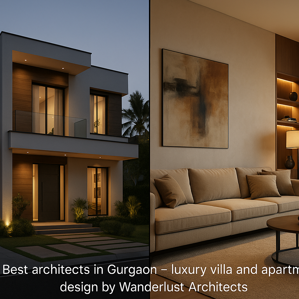 Split image showing a modern Gurgaon villa exterior and a luxury apartment living room, designed by Wanderlust Architects – best architects in Gurgaon.