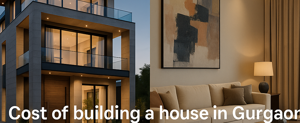 Split image showing a luxury villa exterior and a modern apartment interior in Gurgaon, designed by Wanderlust Architects – best architects in Gurgaon.