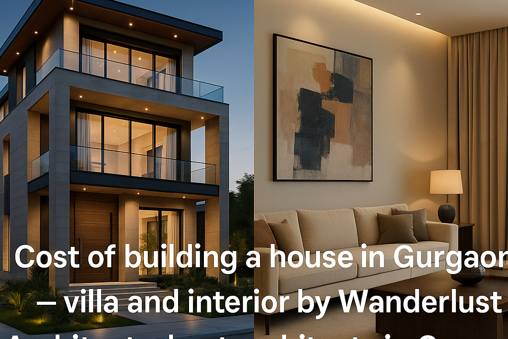 Split image showing a luxury villa exterior and a modern apartment interior in Gurgaon, designed by Wanderlust Architects – best architects in Gurgaon.