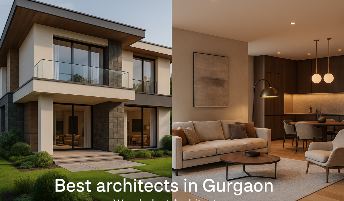 Composite image showcasing a luxury villa exterior with modern stone and glass façade alongside a stylish Gurgaon apartment living room, designed by Wanderlust Architects – best architects in Gurgaon.