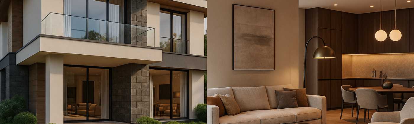 Composite image showcasing a luxury villa exterior with modern stone and glass façade alongside a stylish Gurgaon apartment living room, designed by Wanderlust Architects – best architects in Gurgaon.