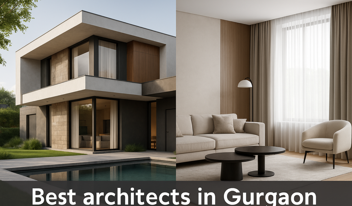 Composite image featuring a luxury villa exterior with modern glass façade and a minimalist Gurgaon apartment interior, designed by Wanderlust Architects – best architects in Gurgaon.
