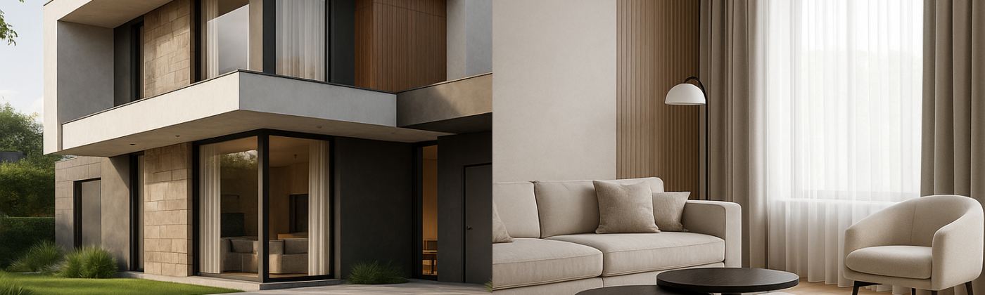 Composite image featuring a luxury villa exterior with modern glass façade and a minimalist Gurgaon apartment interior, designed by Wanderlust Architects – best architects in Gurgaon.