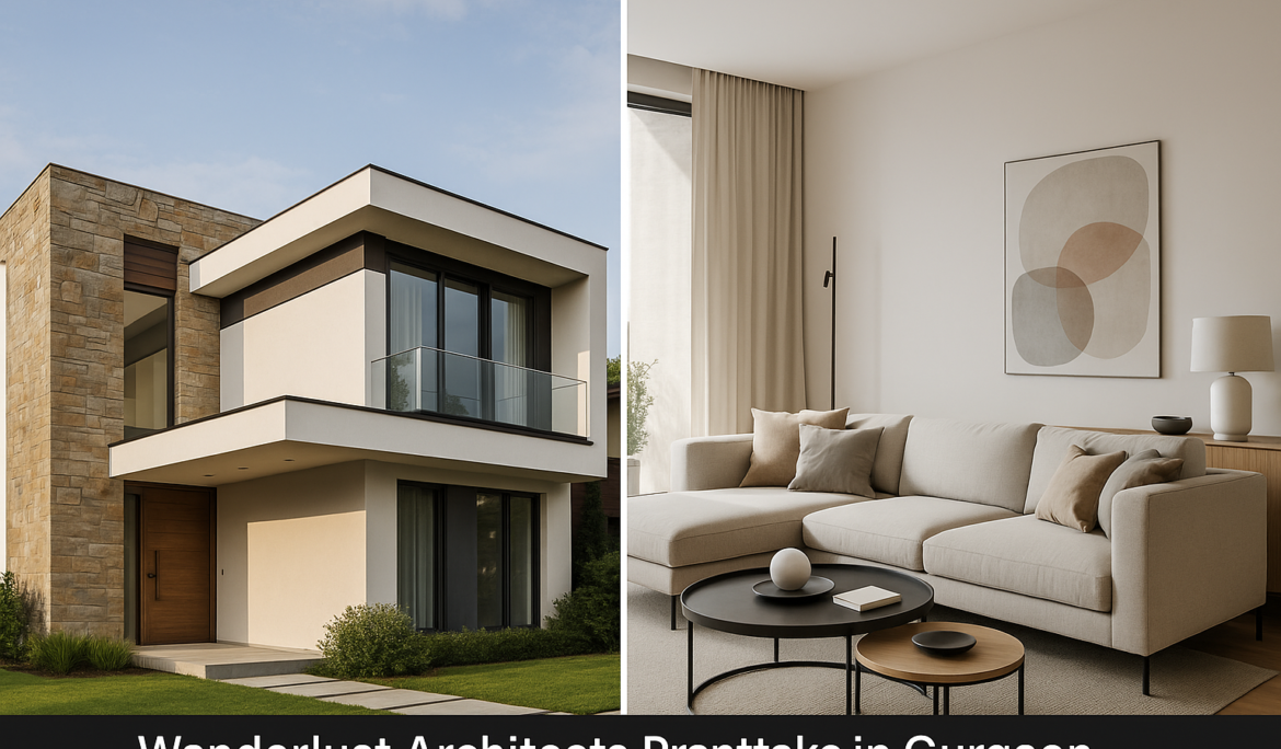 Composite image showcasing a luxury villa exterior with clean modern lines and a serene living room interior — designed by Wanderlust Architects, best architects in Gurgaon.