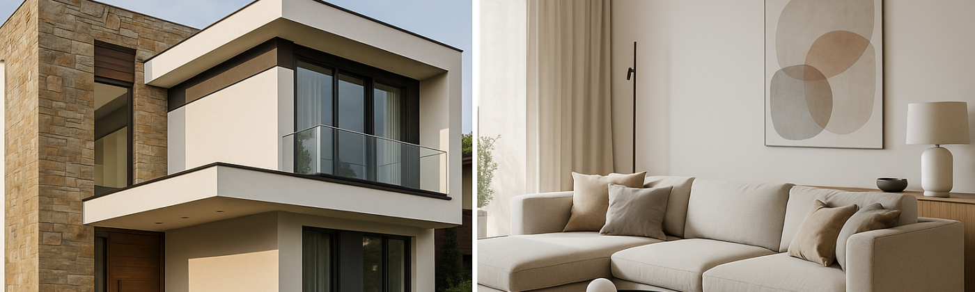 Composite image showcasing a luxury villa exterior with clean modern lines and a serene living room interior — designed by Wanderlust Architects, best architects in Gurgaon.