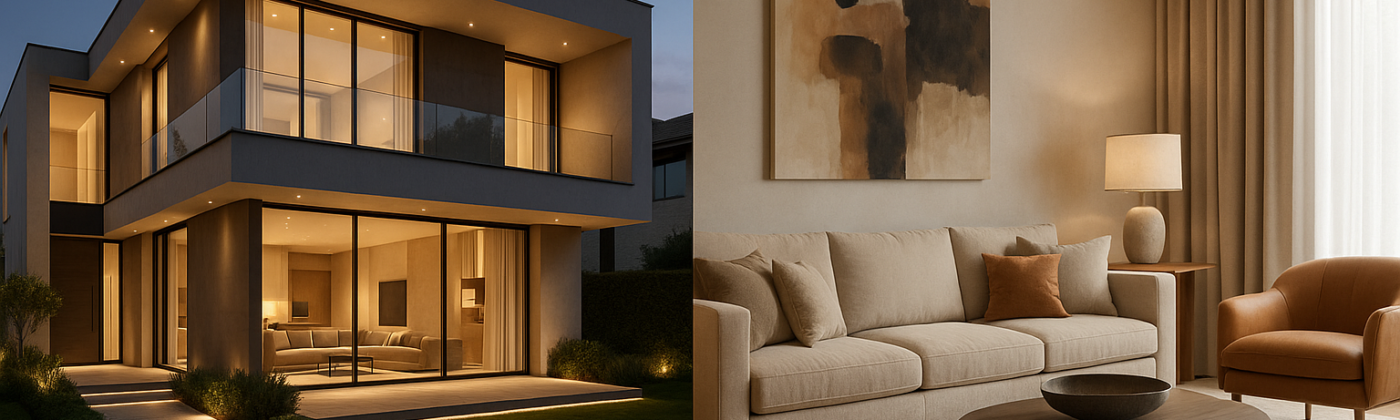 Composite image showing a luxury modern villa exterior with warm facade lighting alongside a sophisticated beige-toned Gurgaon living room interior — designed by Wanderlust Architects, best architects in Gurgaon.