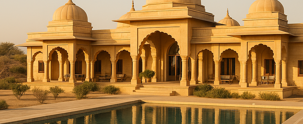Luxury hotel and resort architecture in Rajasthan with sandstone domes and arches – designed by Wanderlust Architects – best hotel architects in Rajasthan.