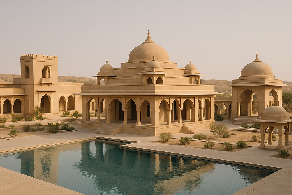 Luxury resort architecture in Rajasthan with sandstone domes and arches – designed by Wanderlust Architects – best resort architects in Rajasthan.