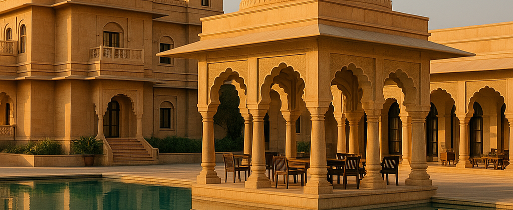 Luxury resort architecture in Rajasthan with sandstone domes and arches – Wanderlust Architects – best hospitality architects in Rajasthan.