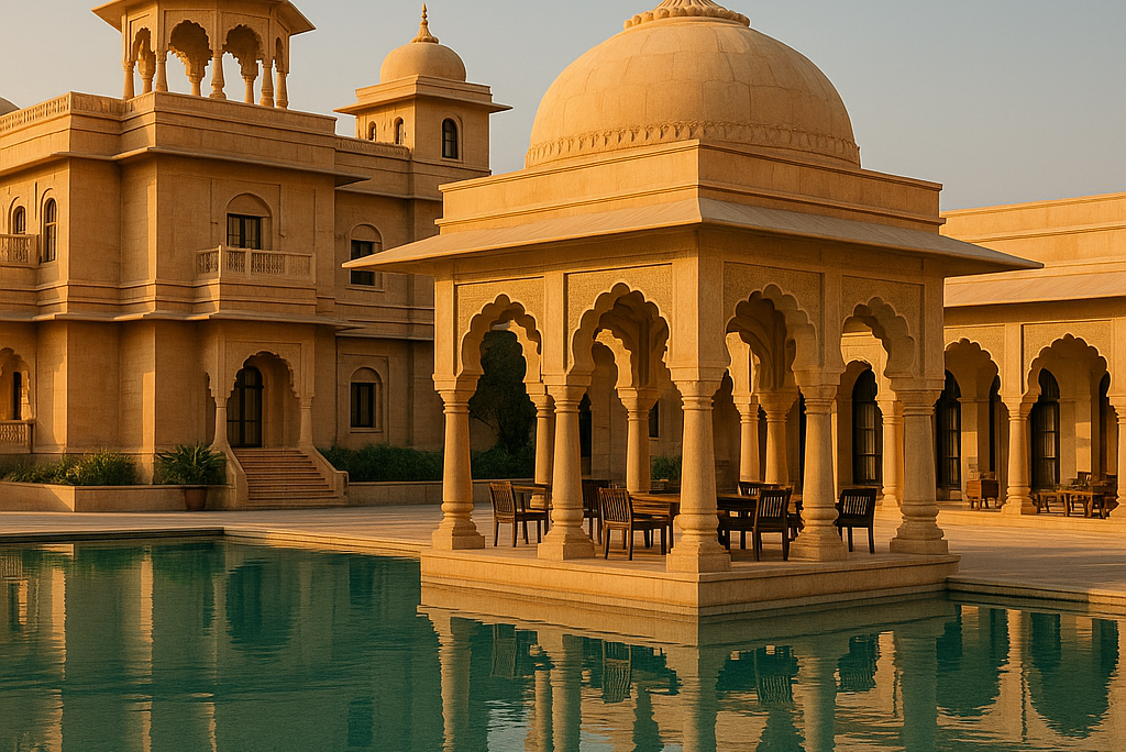 Luxury resort architecture in Rajasthan with sandstone domes and arches – Wanderlust Architects – best hospitality architects in Rajasthan.