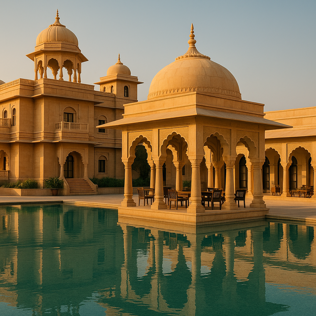 Luxury resort architecture in Rajasthan with sandstone domes and arches – Wanderlust Architects – best hospitality architects in Rajasthan.