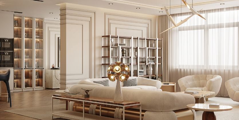 Best interior designer in Surat creating luxury living room interiors with modern design and warm lighting