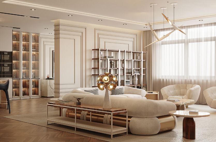 Best interior designer in Surat creating luxury living room interiors with modern design and warm lighting